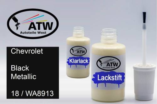 Chevrolet, Black Metallic, 18 / WA8913: 20ml Lackstift + 20ml Klarlack - Set, von ATW Autoteile West.